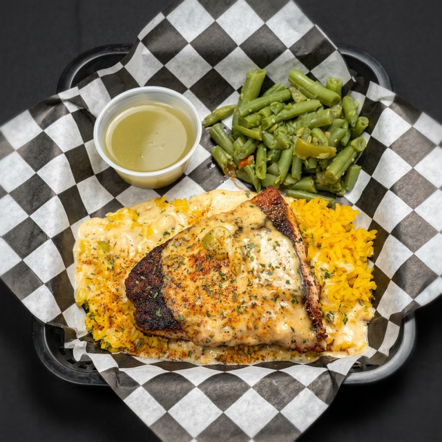 Grilled Salmon over Rice.